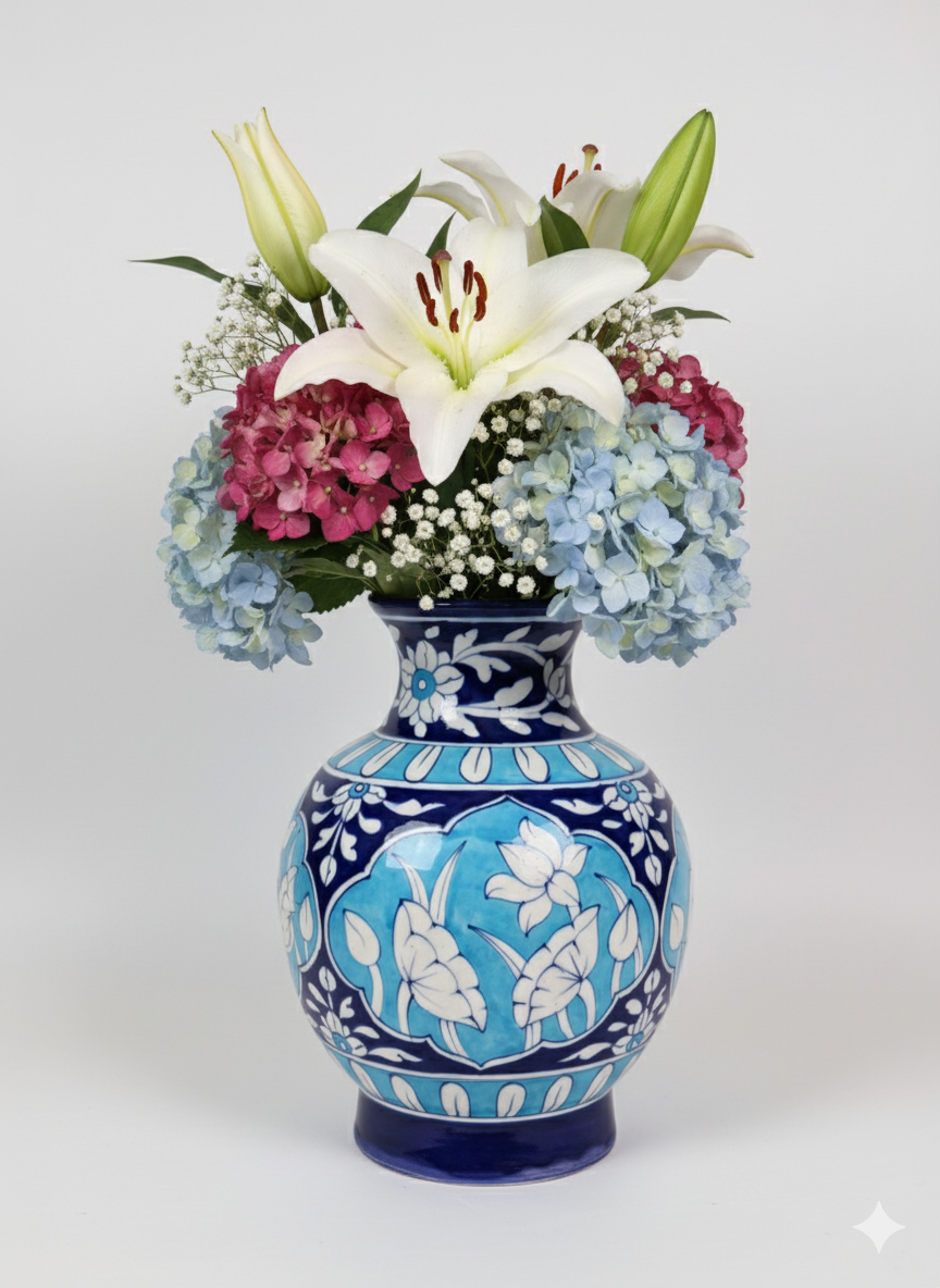 10-Inch Hand-Painted Turquoise & Cobalt Blue Pottery Vase | Traditional Indian Ceramic Vase with Birds & Floral Motif | Elegant Home Decor | Unique Artisan Gift