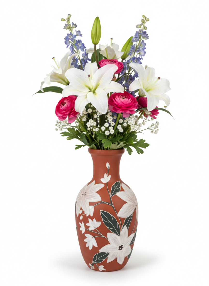Hand-Painted Terracotta Vase | Small Earthenware Flower Pot with White Floral Motif | Rustic Modern Home Decor | Artisan Clay Pottery