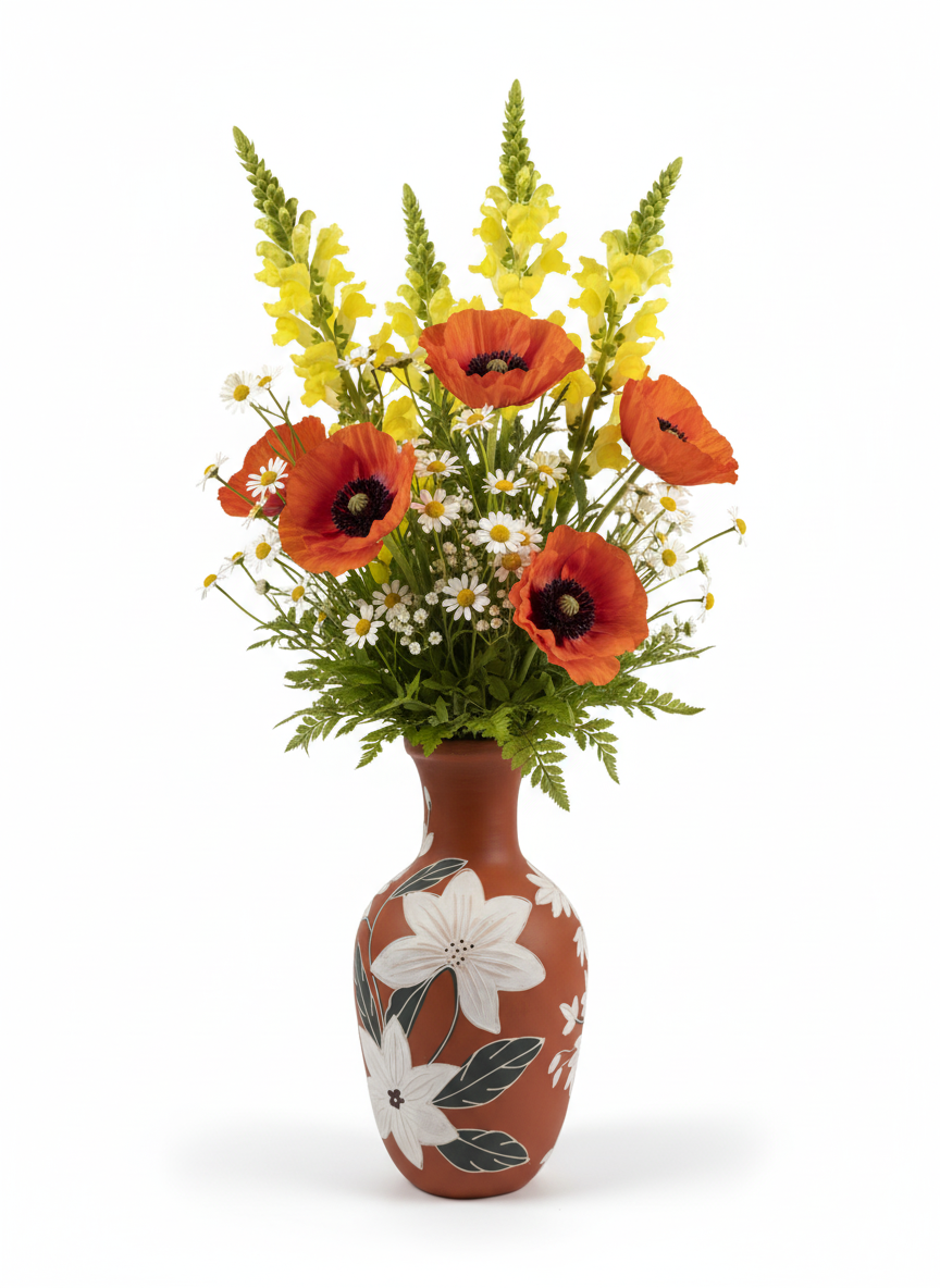 Hand-Painted Terracotta Vase | Small Earthenware Flower Pot with White Floral Motif | Rustic Modern Home Decor | Artisan Clay Pottery