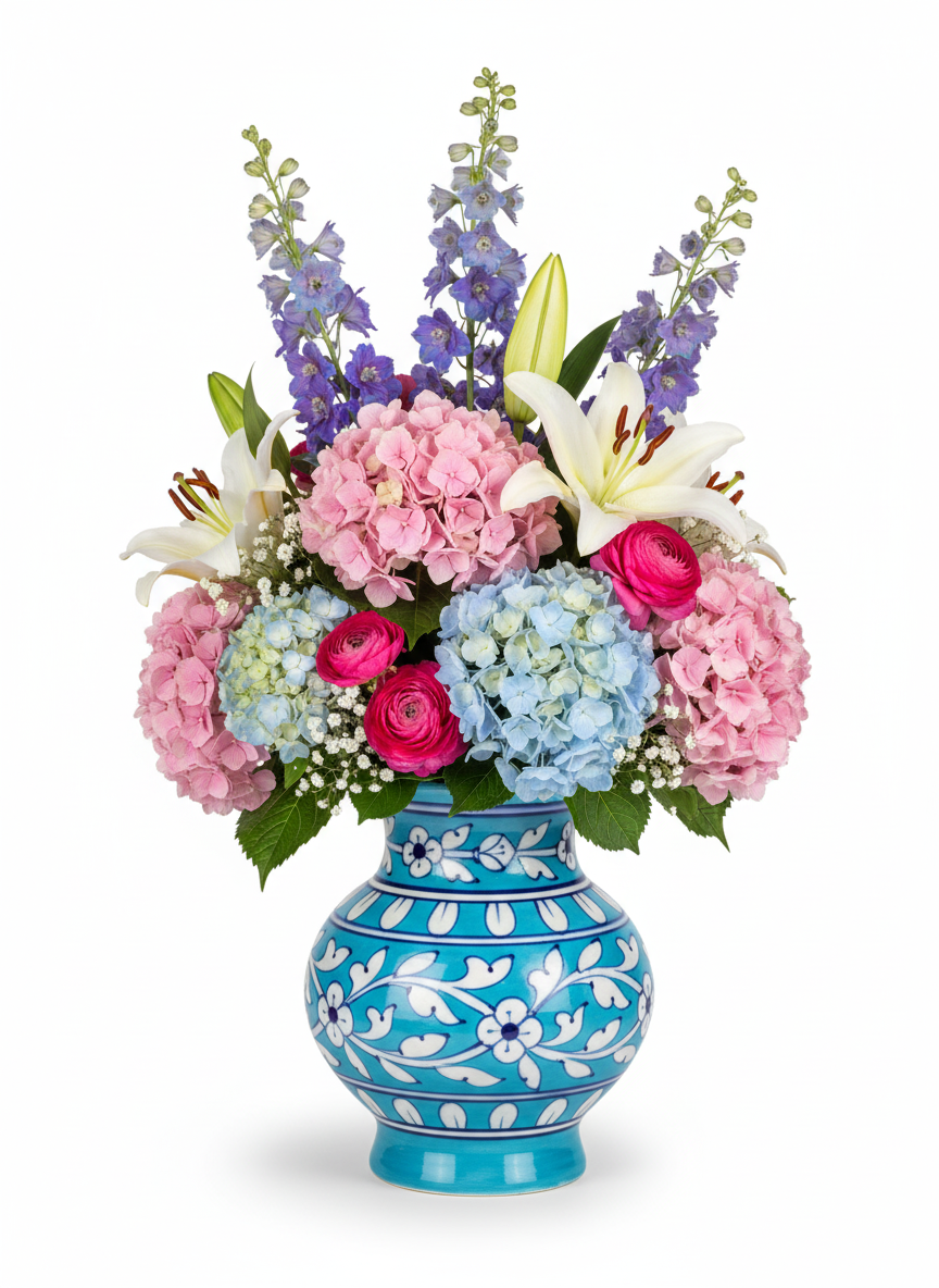 Authentic 6" Jaipur Blue Pottery Vase | Small Rounded Ceramic Pot with Intricate Geometric Design | Artisan Indian Handicraft