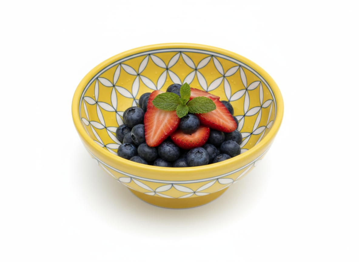 Sunny Yellow 8-Inch Blue Pottery Serving Bowl | Hand-Painted Geometric Design | Bohemian Chic Ceramic Fruit Bowl