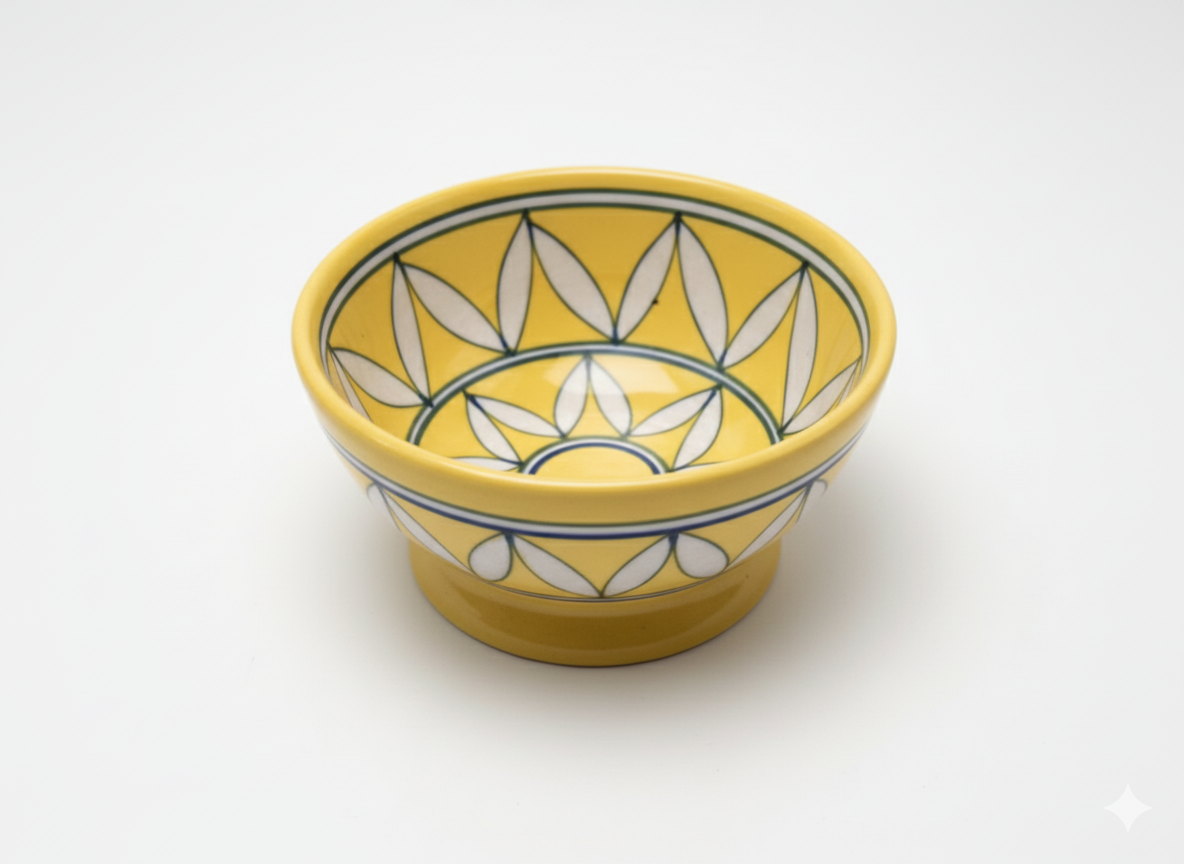 Sunny Yellow 8-Inch Blue Pottery Serving Bowl | Hand-Painted Geometric Design | Bohemian Chic Ceramic Fruit Bowl