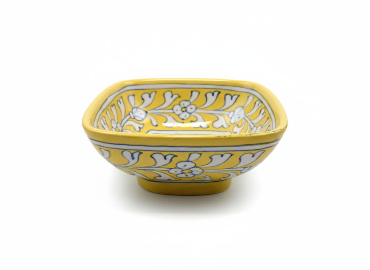 Sunny Yellow 6-Inch Square Blue Pottery Bowl | Hand-Painted Floral Ceramic Serving Dish