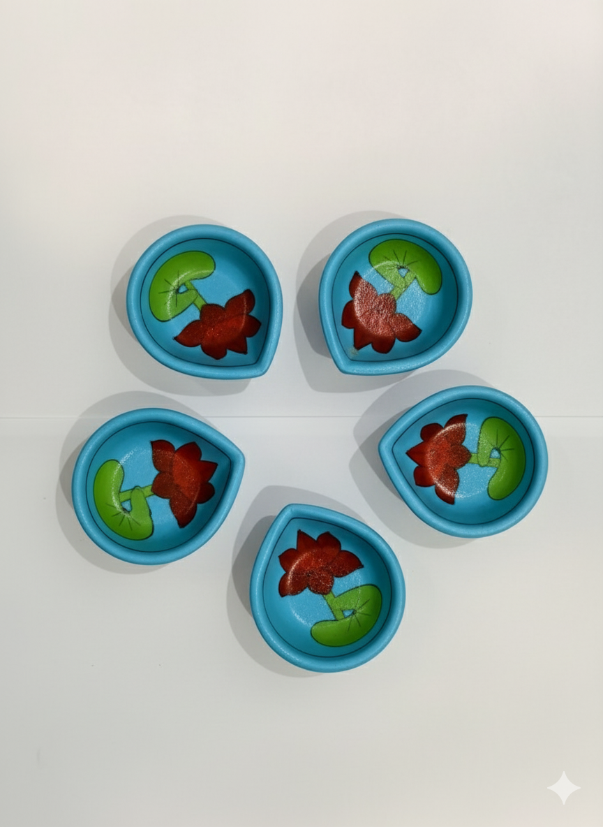 (Set of 5) Handcrafted Blue Pottery Diya – Jaipur Art for Festive Décor