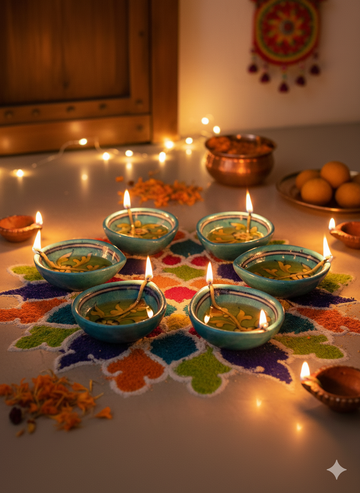(Set of 5) Handcrafted Blue Pottery Diya – Jaipur Art for Festive Décor