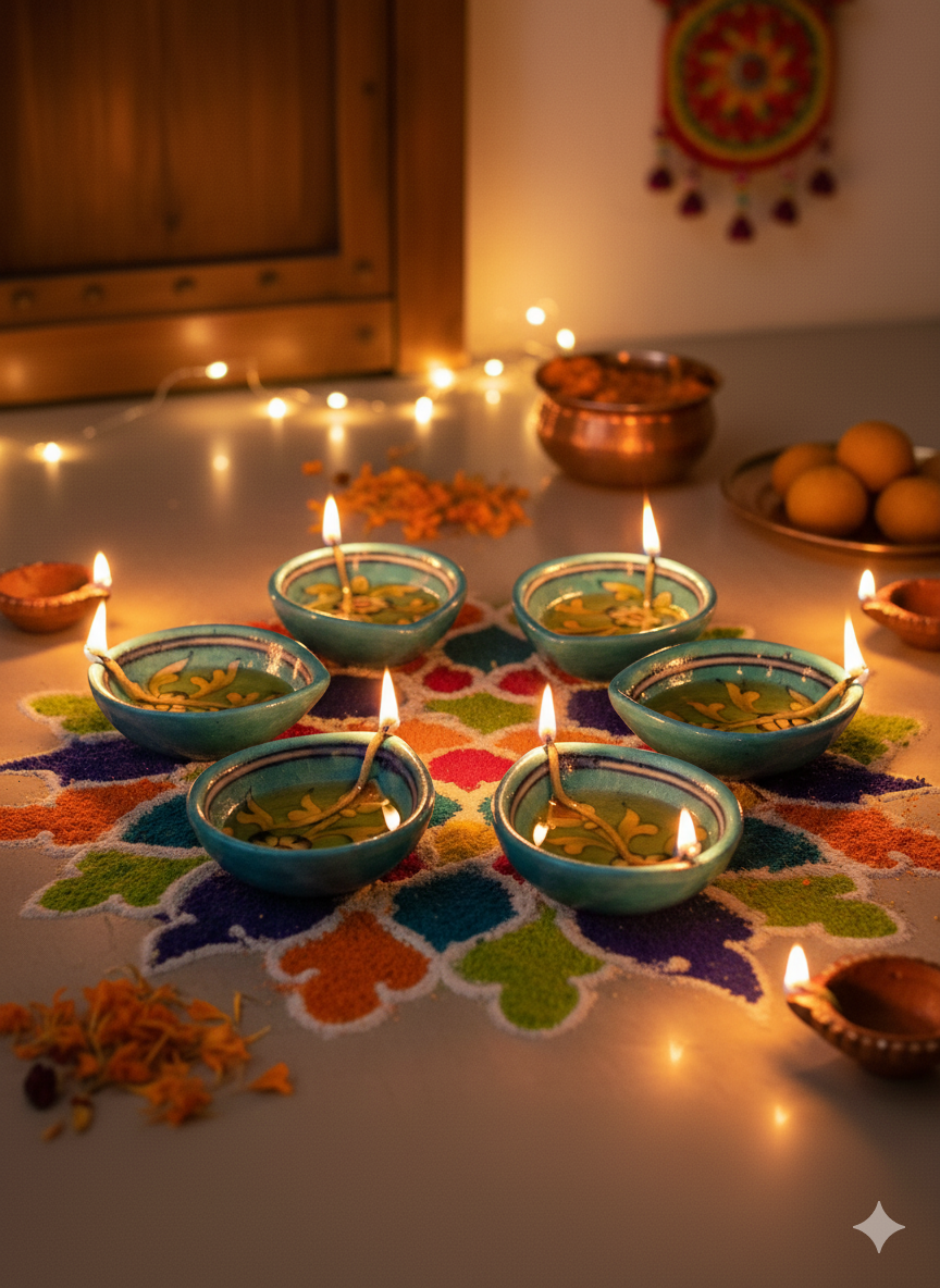 (Set of 5) Handcrafted Blue Pottery Diya – Jaipur Art for Festive Décor