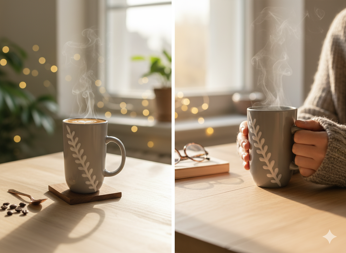 Handmade Grey Ceramic Mug Set of 2 – Leaf Pattern Pottery Coffee/Tea Cups | Artisan Modern Minimalist Kitchenware