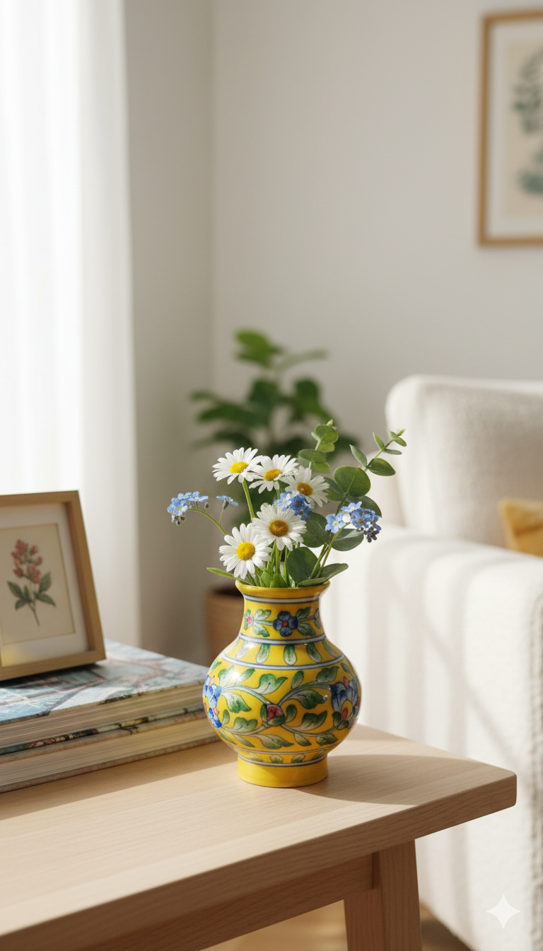 6 Inch Blue Pottery Vase – Jaipur Handcrafted Floral Ceramic Home Decor | Rajasthani Yellow Blue Pottery Flower Vase