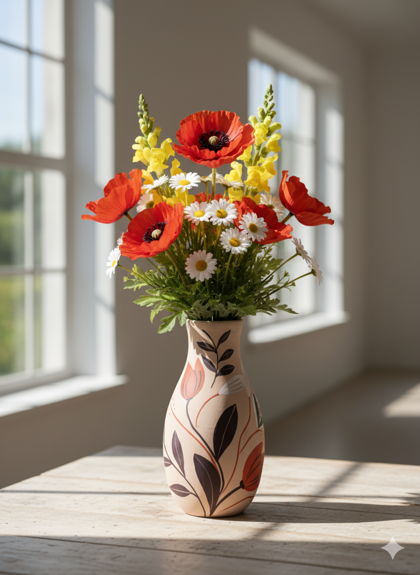 Artistic 10" Clay Vase | Hand-Painted Modern Floral Motif in Red & Charcoal | Statement Terracotta Pottery for Living Room Centerpiece