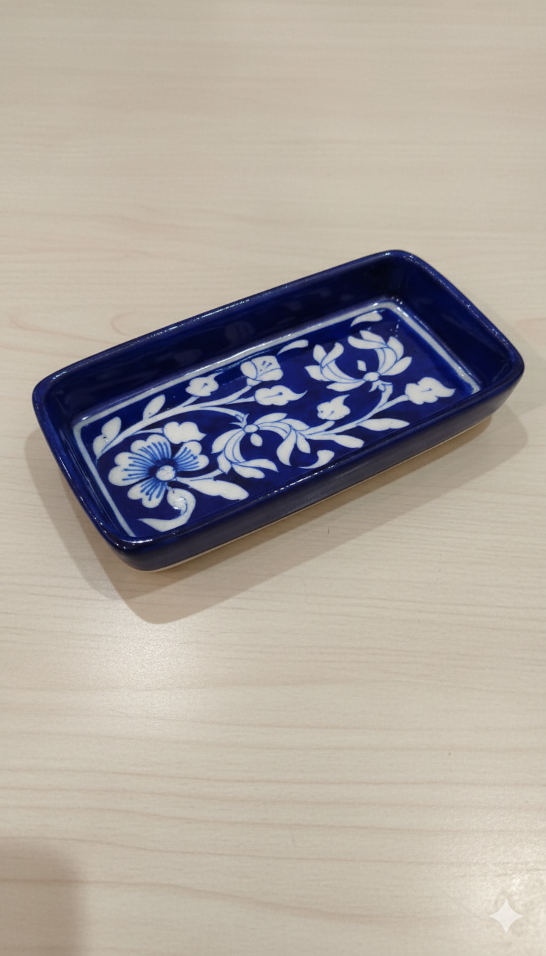 3 Inch Blue Pottery Tray – Jaipur Handcrafted Mini Floral Ceramic Tray | Indian Rectangular Trinket and Condiment Holder