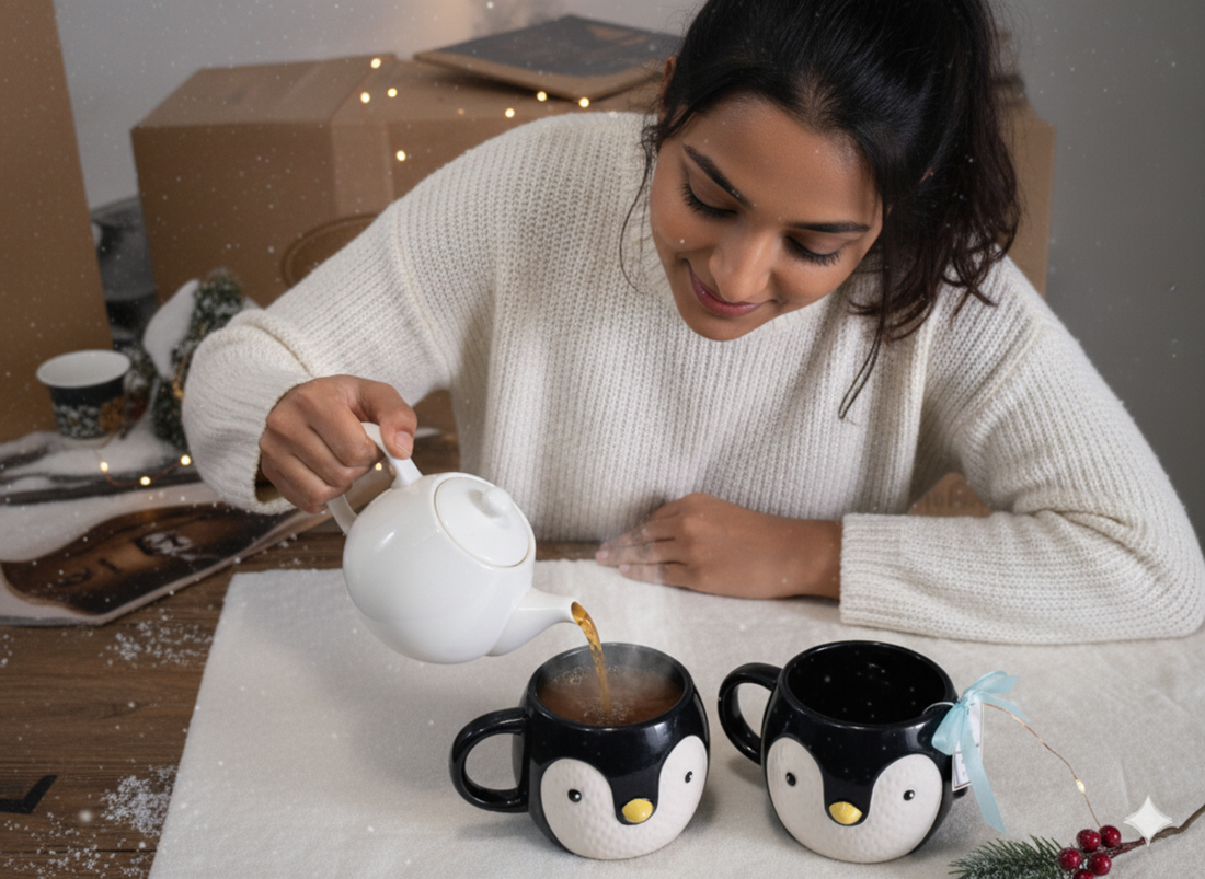 Cute Penguin Ceramic Cup Set of 2 – Handmade Animal Face Coffee & Tea Mugs | Fun Pottery Collectible Gift Pair