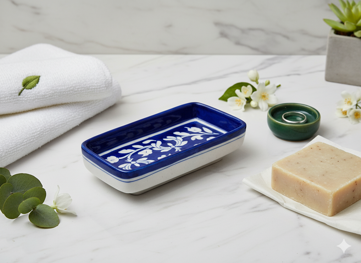 Hand-Painted Blue Pottery Snack Tray for Tea & Coffee | Decorative Ceramic Serving Platter