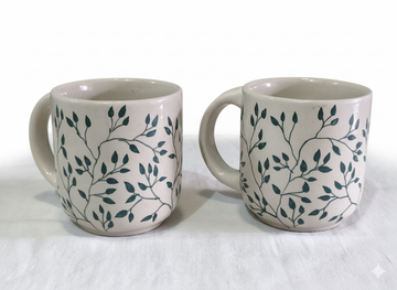 Handmade Ceramic Cup Set of 2 – Leaf Pattern Coffee & Tea Mugs | Artistic Greenery Design Pottery Cups for Kitchen & Office