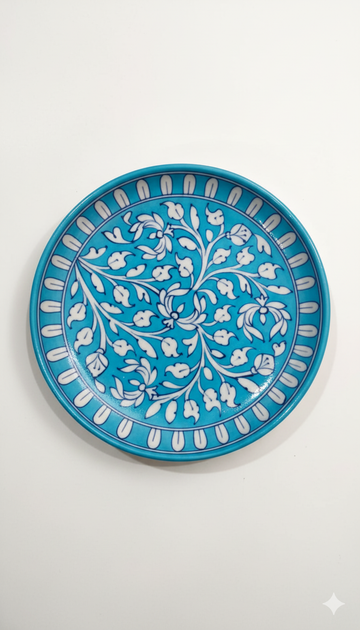 10 Inch Round Blue Pottery Plate – Jaipur Handcrafted Ceramic Dinner Plate | Artistic Indian Floral Serving Platter