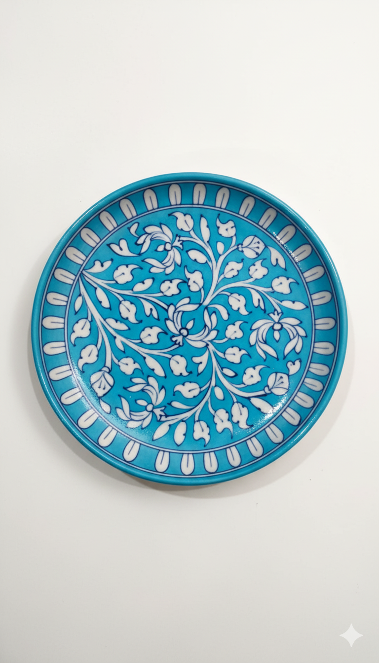 10 Inch Round Blue Pottery Plate – Jaipur Handcrafted Ceramic Dinner Plate | Artistic Indian Floral Serving Platter