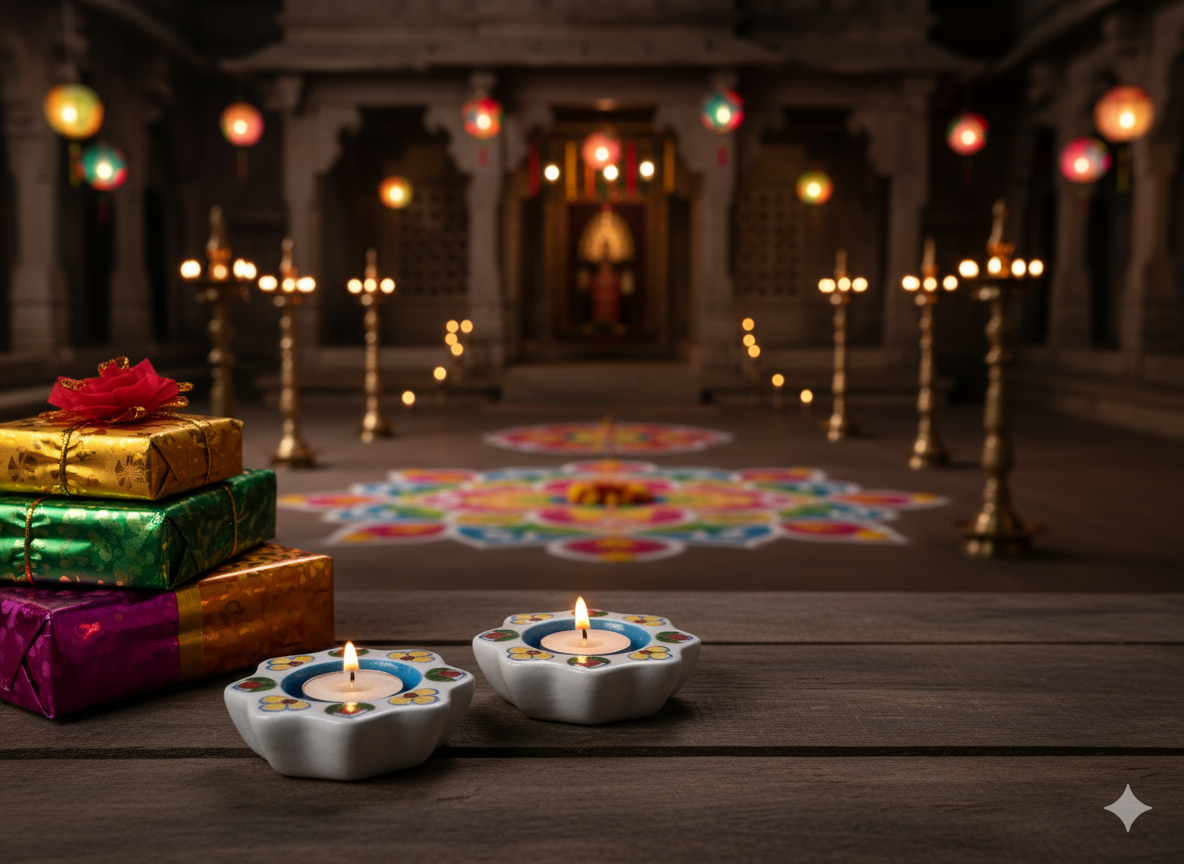 Hand-Painted Ceramic Diya Tealight Holders (Set of 2) - Floral Petal Shaped Votive Candles for Diwali Decoration, Puja & Festive Home Decor - Traditional Indian Art.