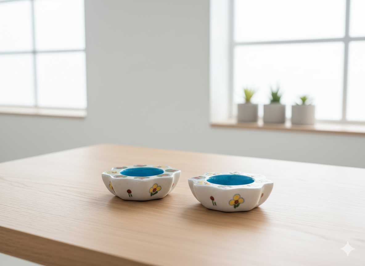 Hand-Painted Ceramic Diya Tealight Holders (Set of 2) - Floral Petal Shaped Votive Candles for Diwali Decoration, Puja & Festive Home Decor - Traditional Indian Art.