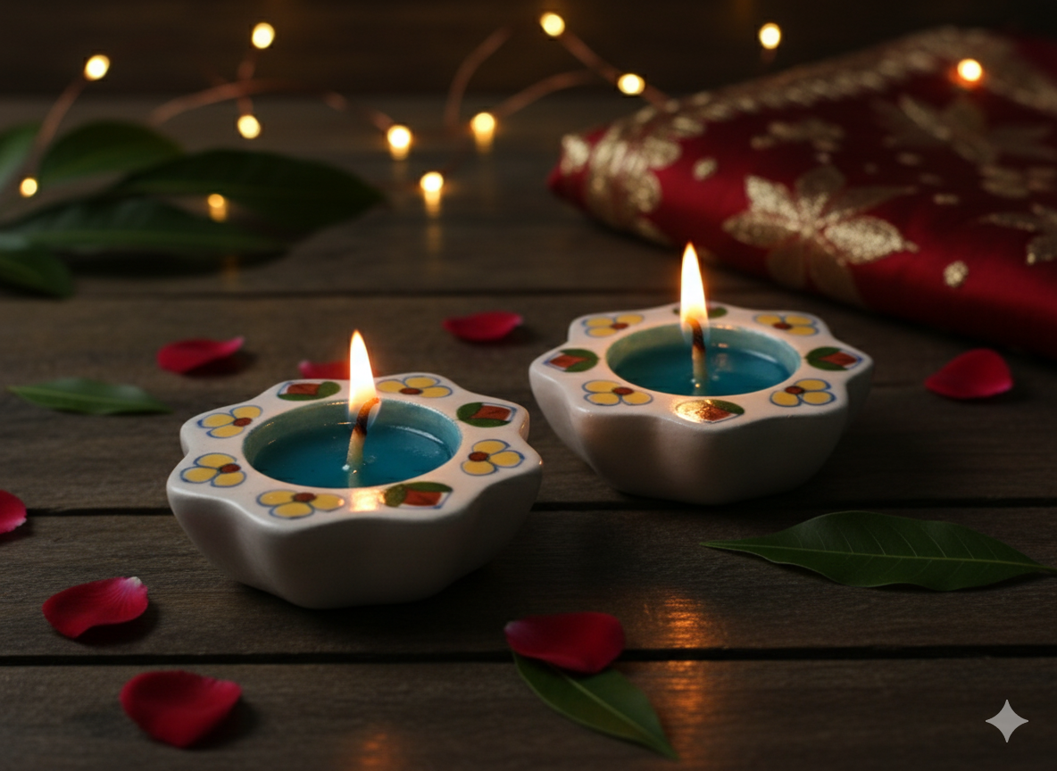 Hand-Painted Ceramic Diya Tealight Holders (Set of 2) - Floral Petal Shaped Votive Candles for Diwali Decoration, Puja & Festive Home Decor - Traditional Indian Art.
