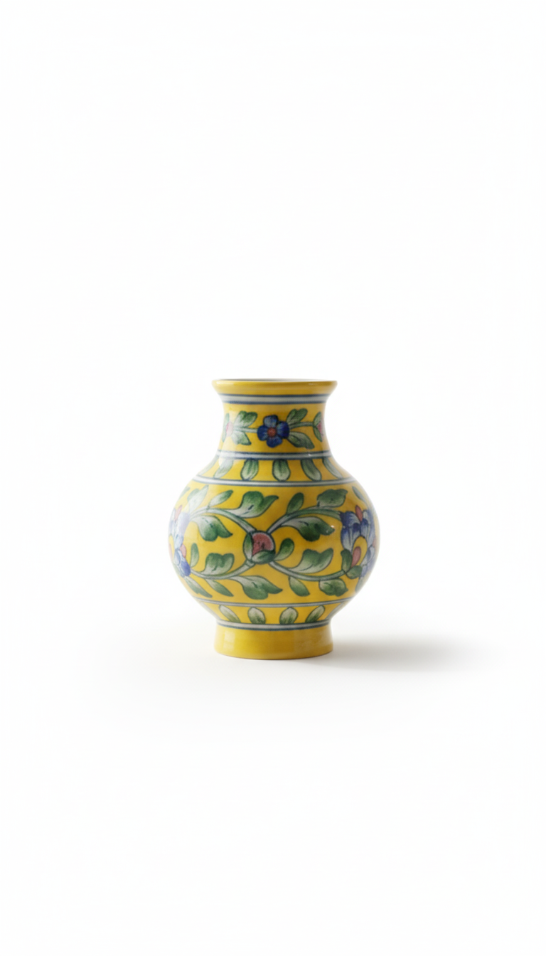 6 Inch Blue Pottery Vase – Jaipur Handcrafted Floral Ceramic Home Decor | Rajasthani Yellow Blue Pottery Flower Vase