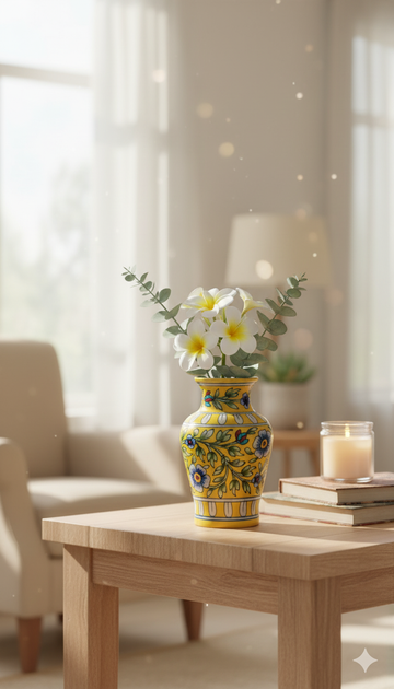 8 Inch Blue Pottery Vase – Jaipur Handcrafted Yellow Floral Ceramic Home Decor | Rajasthani Blue Pottery Flower Vase