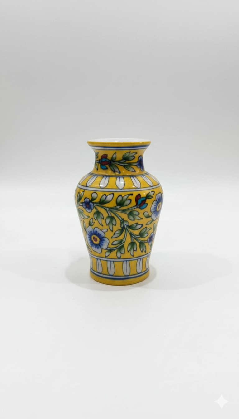 8 Inch Blue Pottery Vase – Jaipur Handcrafted Yellow Floral Ceramic Home Decor | Rajasthani Blue Pottery Flower Vase