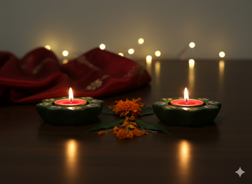 Hand-Painted Ceramic Diya Tealight Holders (Set of 2) - Green Floral Petal Votive Candles for Diwali Decor, Pooja & Festive Home Decor - Artisan Indian Art.