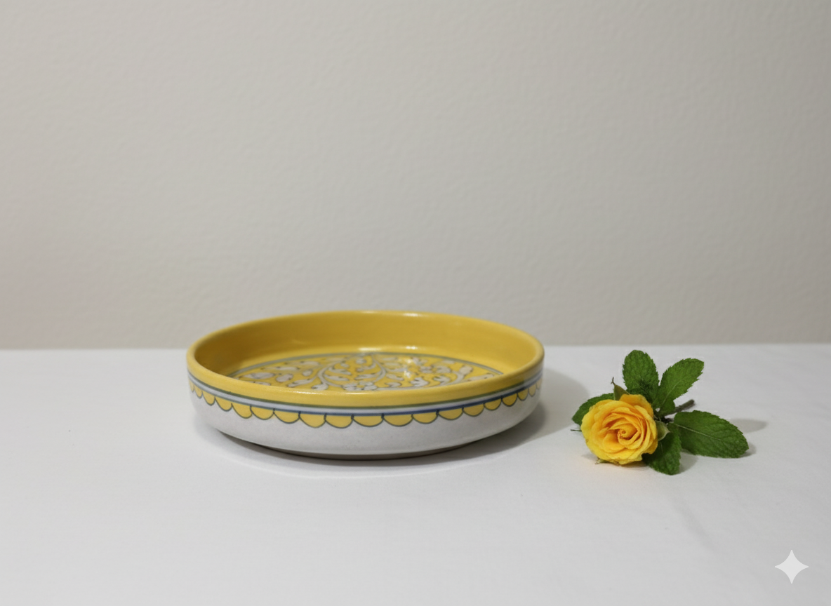 8 Inch Handmade Jaipur Blue Pottery Pasta Plate – Yellow & Blue Floral Ceramic Serving Bowl | Rajasthani Artisan Deep Plate