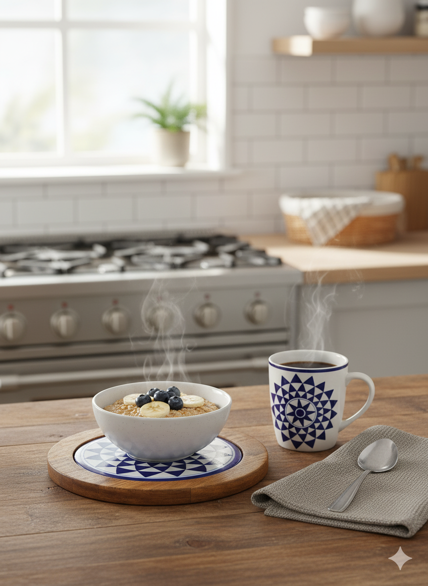 Handcrafted Wooden Trivet with Blue & White Geometric Ceramic Tile - Heat Resistant Pot Holder for Hot Dishes, Pots & Pans - 8-Inch Round Countertop Protector.