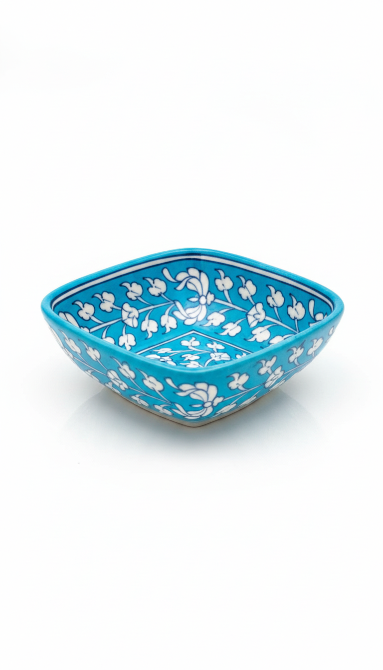 6 Inch Blue Pottery Bowl – Jaipur Handcrafted Floral Square Bowl | Traditional Indian Ceramic Snack Bowl