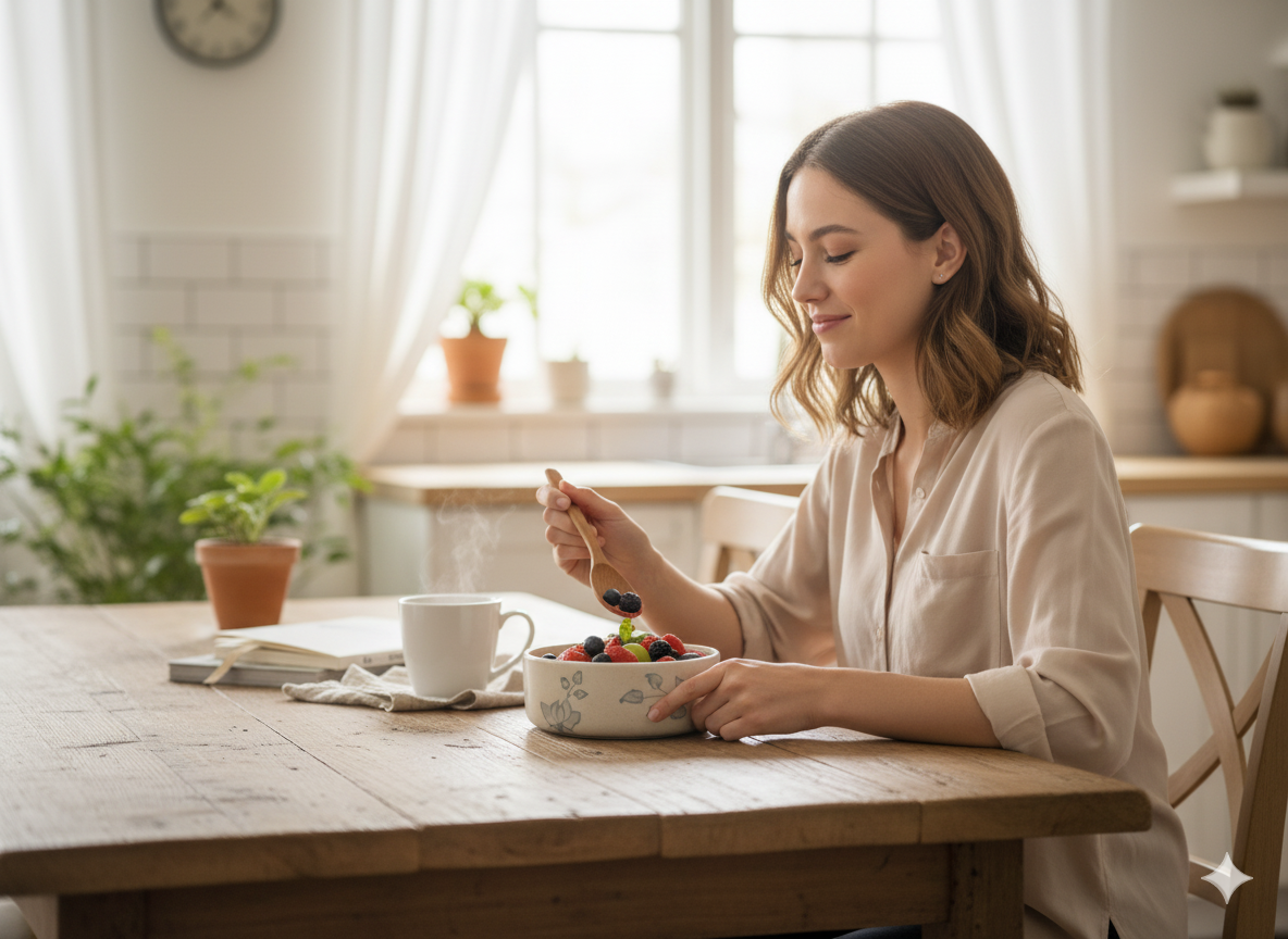 Stoneware Ceramic Cereal Bowl - Speckled Beige with Blue Floral Pattern - Rustic & Modern for Soup, Salads, and Snacks - Microwave & Dishwasher Safe.