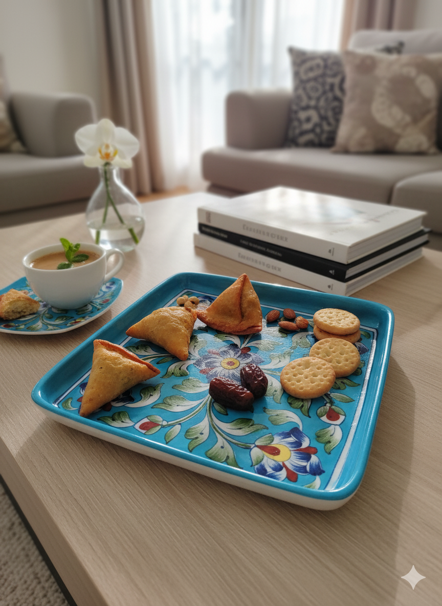 Hand-Painted Turquoise Blue Jaipur Blue Pottery Square Plate (8-Inch) - Traditional Indian Ceramic Snack, Dessert - Floral Motif.