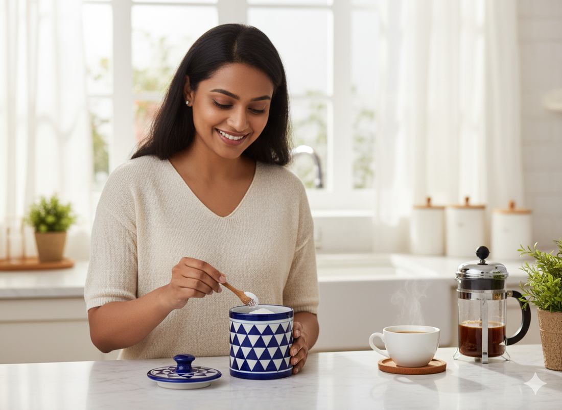 Hand-Painted Jaipur Blue Pottery Jar with Lid (4-Inch) - Indian Ceramic Spice Container, Sugar Pot & Pickle Jar with Geometric Design.