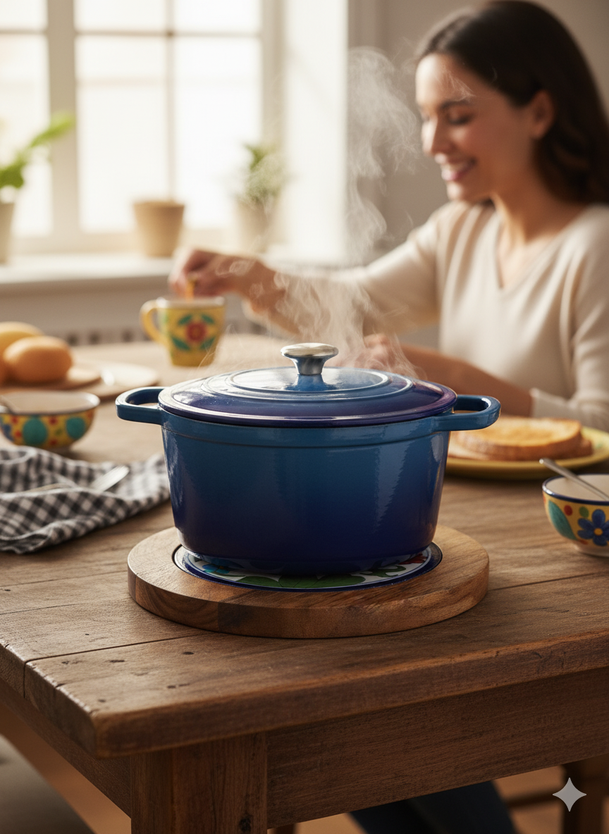 Hand-Painted Floral & Fruit Ceramic Trivet with Wood Base - 7-Inch Heat Resistant Pot Holder for Hot Dishes, Pots & Pans - Decorative Lemon & Flower Design.