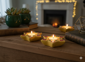 Hand-Painted Star Shaped Tealight Candle Holders (Set of 2) - Blue & White Ceramic Votive Holders for Diwali Decoration, Festive Home Decor & Gifting - Traditional Indian Diya.
