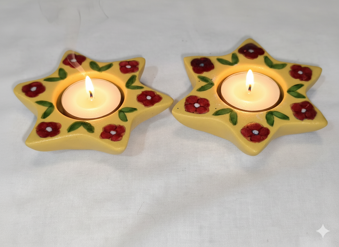 Hand-Painted Star Shaped Tealight Candle Holders (Set of 2) - Blue & White Ceramic Votive Holders for Diwali Decoration, Festive Home Decor & Gifting - Traditional Indian Diya.
