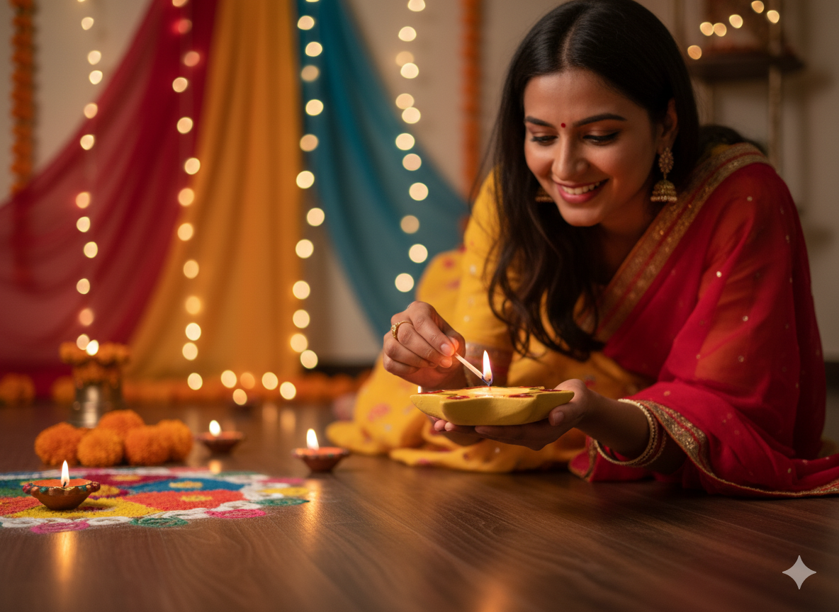 Hand-Painted Star Shaped Tealight Candle Holders (Set of 2) - Blue & White Ceramic Votive Holders for Diwali Decoration, Festive Home Decor & Gifting - Traditional Indian Diya.