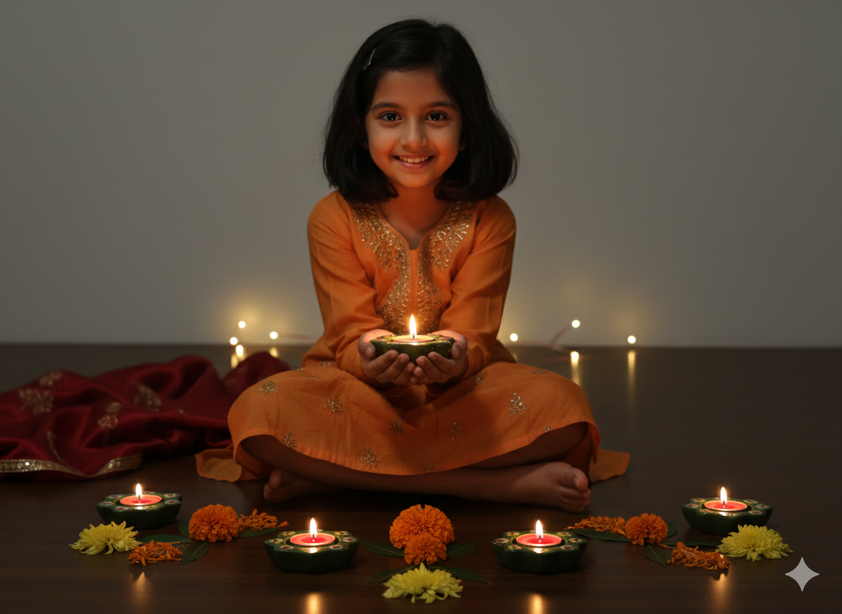 Hand-Painted Ceramic Diya Tealight Holders (Set of 2) - Green Floral Petal Votive Candles for Diwali Decor, Pooja & Festive Home Decor - Artisan Indian Art.