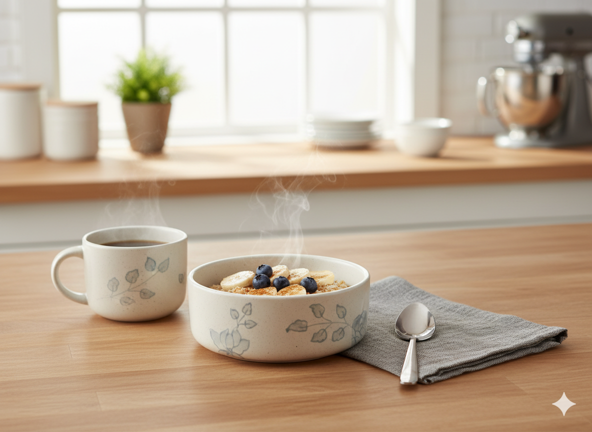 Stoneware Ceramic Cereal Bowl - Speckled Beige with Blue Floral Pattern - Rustic & Modern for Soup, Salads, and Snacks - Microwave & Dishwasher Safe.