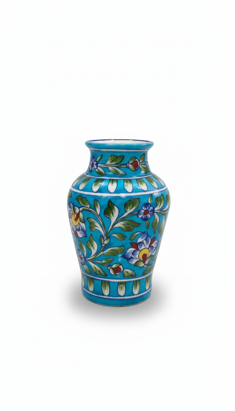 8 Inch Blue Pottery Vase – Jaipur Handcrafted Floral Ceramic Home Decor | Rajasthani Turquoise Blue Pottery Flower Vase