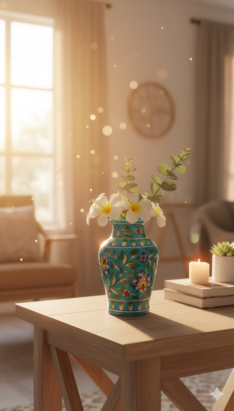 8 Inch Blue Pottery Vase – Jaipur Handcrafted Floral Ceramic Home Decor | Rajasthani Turquoise Blue Pottery Flower Vase