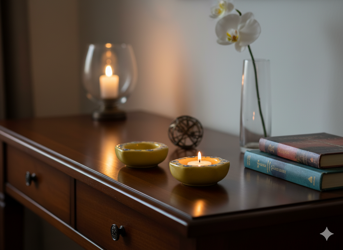 Hand-Painted Blue Pottery Tealight Candle Holders (Set of 2) - Traditional Indian Floral Ceramic Votive Holders for Home Decor, Diwali, and Gifting.