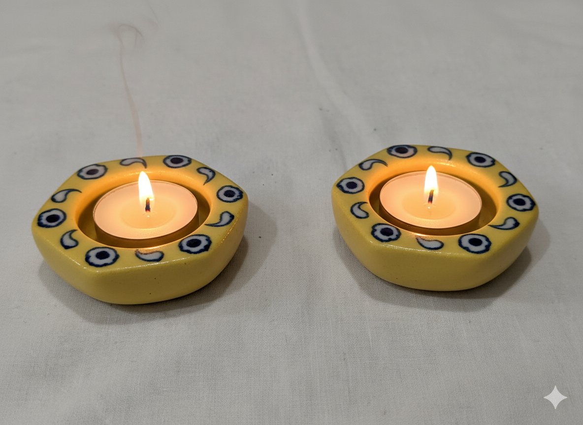 Hand-Painted Blue Pottery Tealight Candle Holders (Set of 2) - Traditional Indian Floral Ceramic Votive Holders for Home Decor, Diwali, and Gifting.