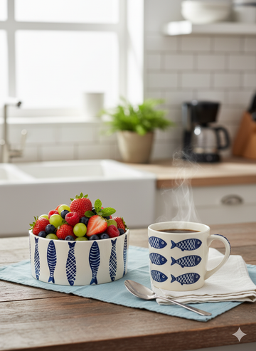 6-Inch Stoneware Low Bowl - Rustic Blue Floral on Speckled Beige -  Ceramic Dish for Salads, Pasta & Cereal - Microwave & Dishwasher Safe