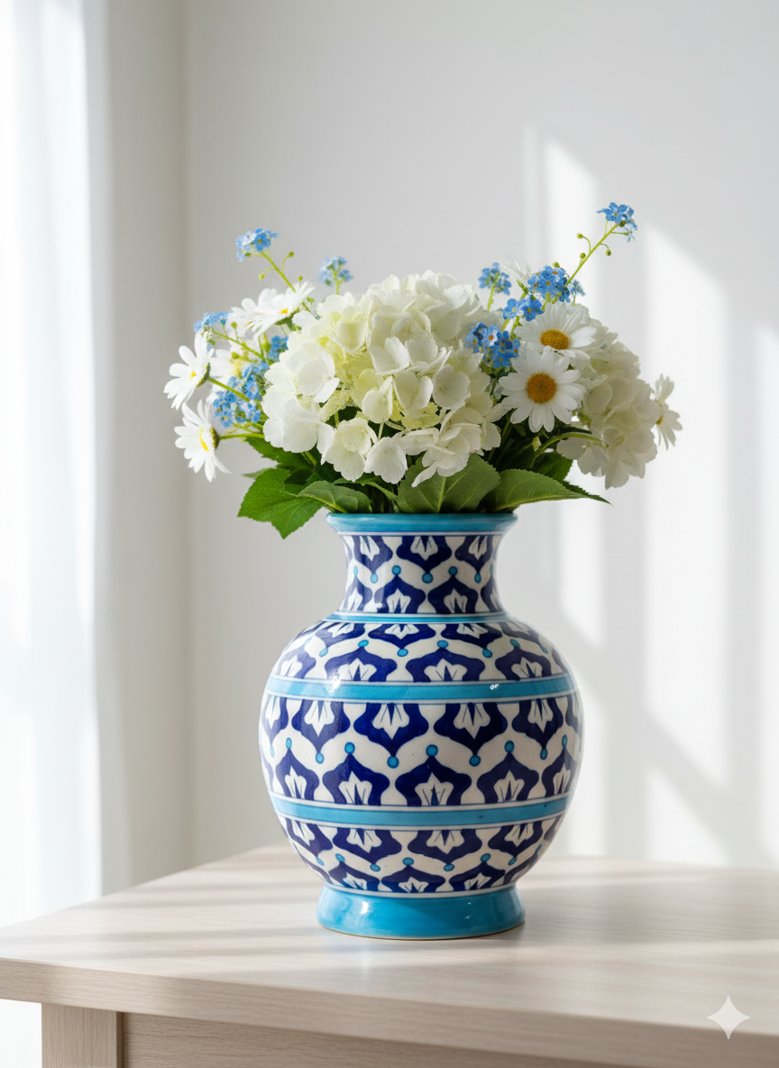 10 Inch Jaipur Blue Pottery Vase – Handcrafted Floral Design Ceramic Vase | Elegant Home Decor from Rajasthan