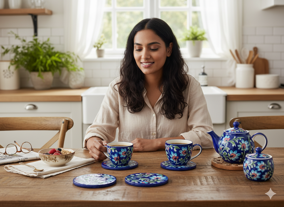 Hand-Painted Jaipur Blue Pottery Coasters (Set of 4) - Traditional Indian Floral Ceramic Drink Coasters for Tea, Coffee & Mugs - Round Tabletop Protection.