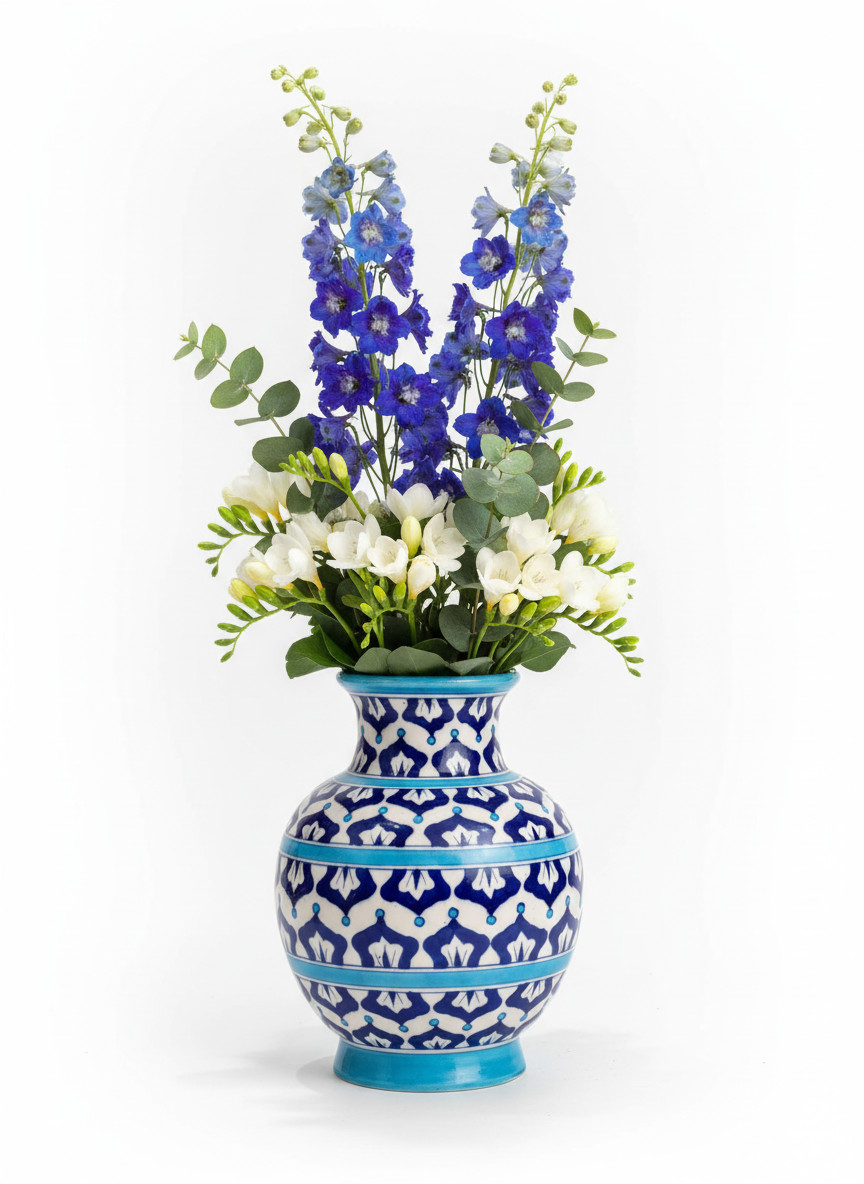 10 Inch Jaipur Blue Pottery Vase – Handcrafted Floral Design Ceramic Vase | Elegant Home Decor from Rajasthan