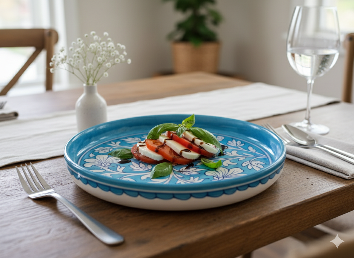 10 Inch Handmade Jaipur Blue Pottery Pasta Plate – Large Deep Floral Ceramic Serving Bowl | Rajasthani Artisan Kitchen & Dining