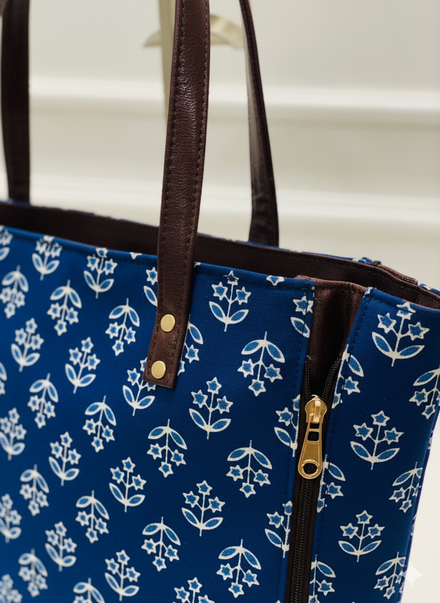 Jaipur Handcrafted Tote Bag 18x12 Inch & Sling 10x8 Inch – Blue Block Print Eco-Friendly Bag Set | Designer Handbag & Small Sling Purse For Women