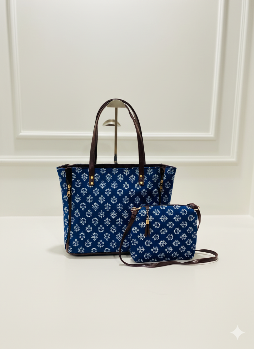 Jaipur Handcrafted Tote Bag 18x12 Inch & Sling 10x8 Inch – Blue Block Print Eco-Friendly Bag Set | Designer Handbag & Small Sling Purse For Women