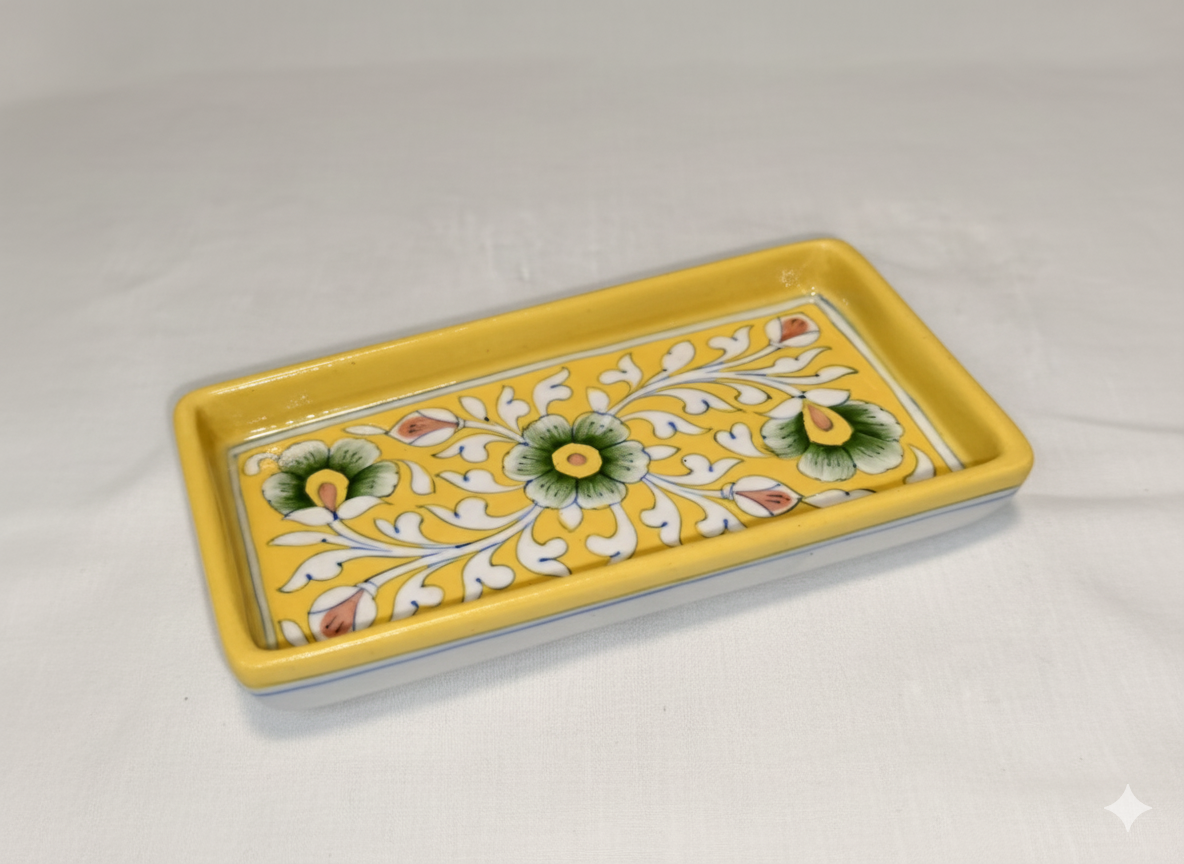 4 Inch Handmade Jaipur Blue Pottery Tray – Small Floral Ceramic Snack & Serve Tray | Rajasthani Artisan Decorative Gift